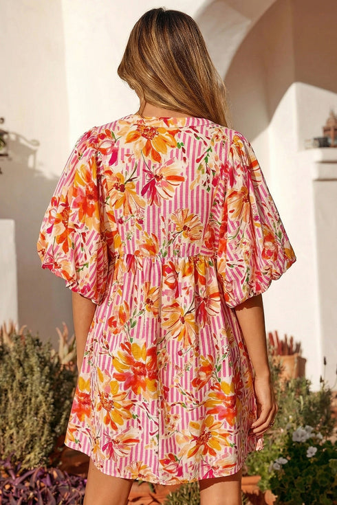 Striped Floral Print Tie Neck Puff Sleeve Mini Dress