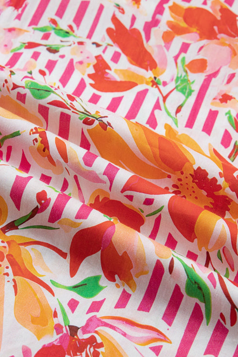 Striped Floral Print Tie Neck Puff Sleeve Mini Dress