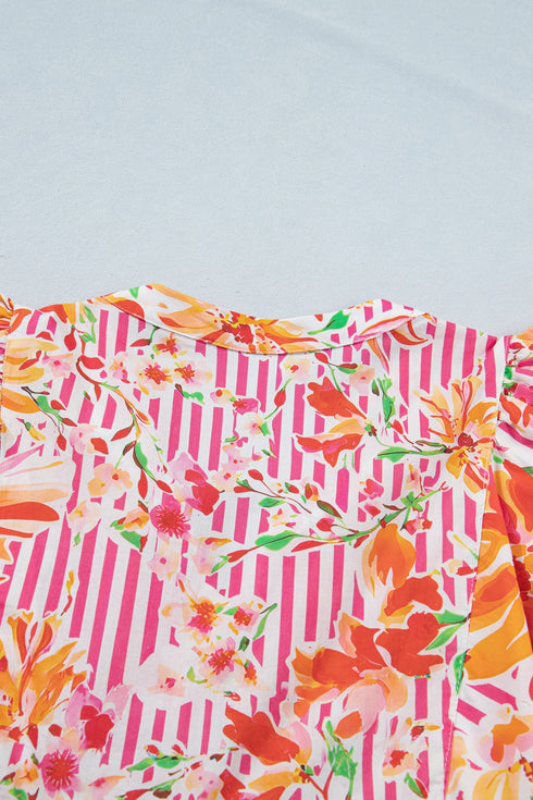 Striped Floral Print Tie Neck Puff Sleeve Mini Dress