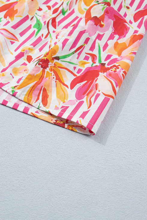 Striped Floral Print Tie Neck Puff Sleeve Mini Dress