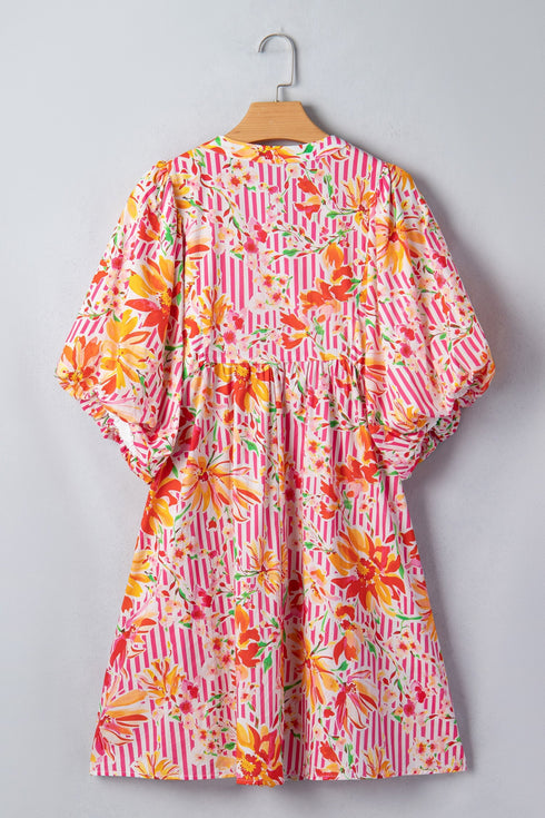 Striped Floral Print Tie Neck Puff Sleeve Mini Dress