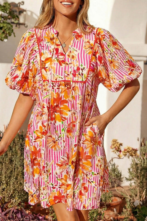 Striped Floral Print Tie Neck Puff Sleeve Mini Dress