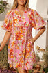 Striped Floral Print Tie Neck Puff Sleeve Mini Dress