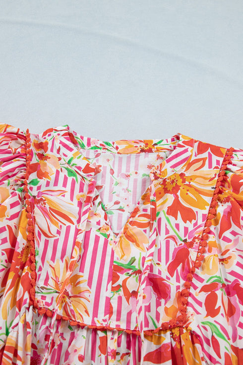 Striped Floral Print Tie Neck Puff Sleeve Mini Dress