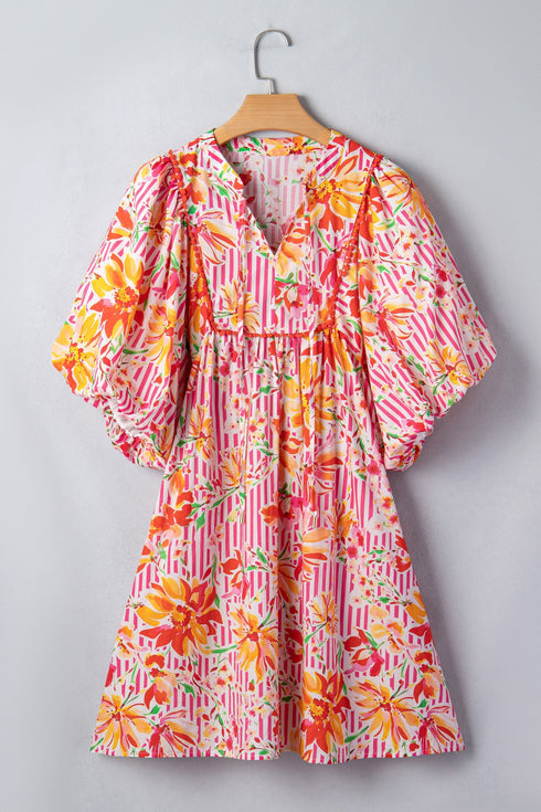 Striped Floral Print Tie Neck Puff Sleeve Mini Dress
