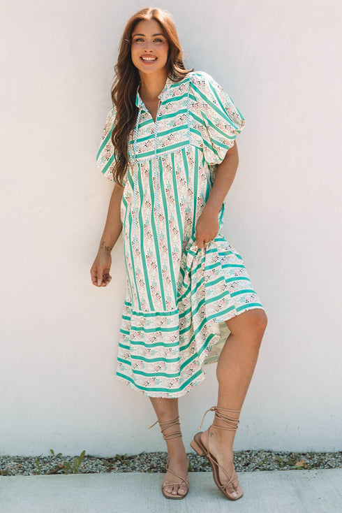 Striped Floral Print Tie Split Neck Puff Sleeve Midi Dress