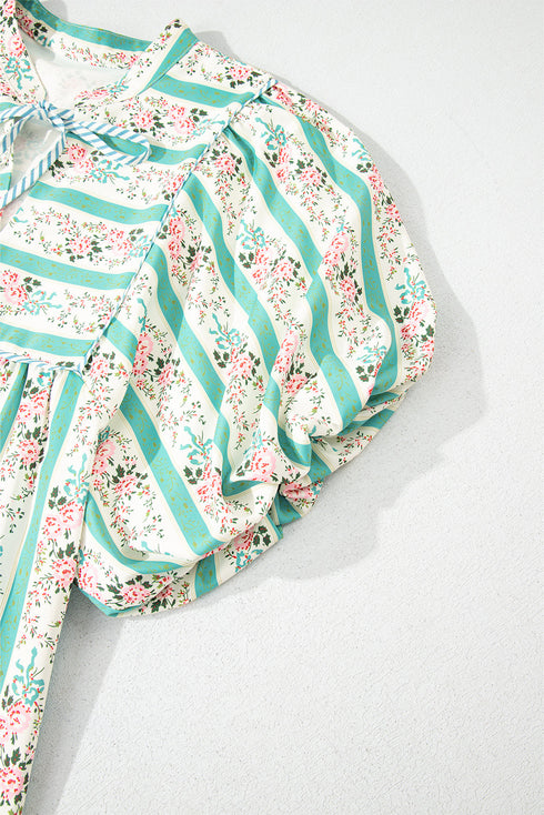 Striped Floral Print Tie Split Neck Puff Sleeve Midi Dress