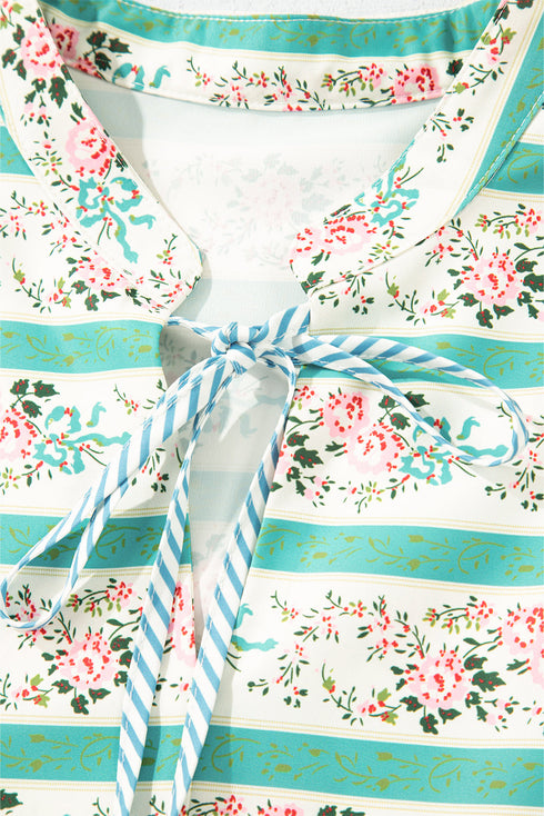 Striped Floral Print Tie Split Neck Puff Sleeve Midi Dress