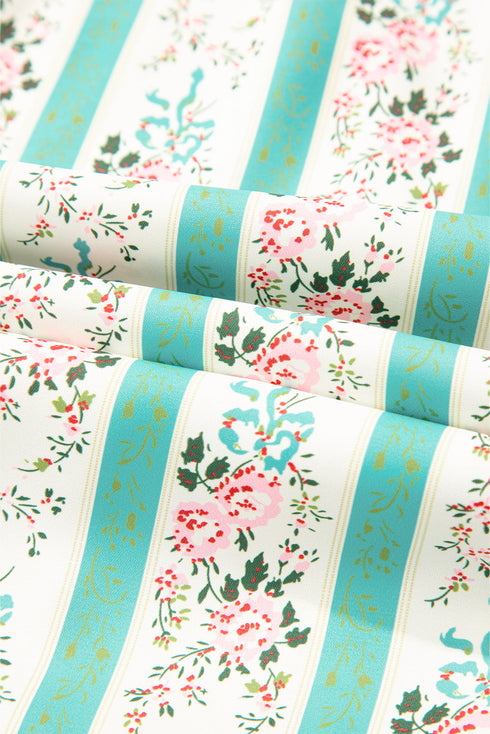 Striped Floral Print Tie Split Neck Puff Sleeve Midi Dress