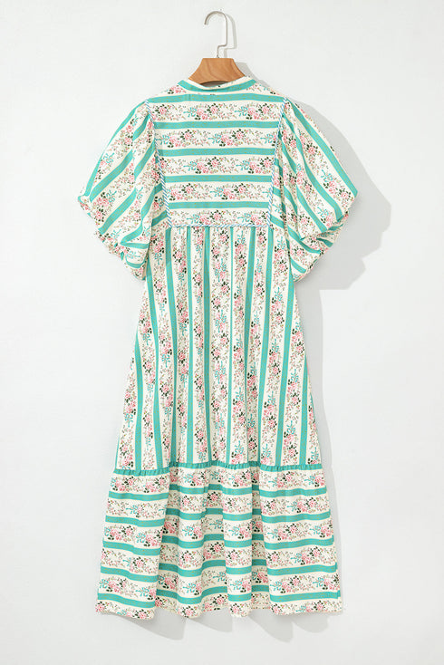 Striped Floral Print Tie Split Neck Puff Sleeve Midi Dress