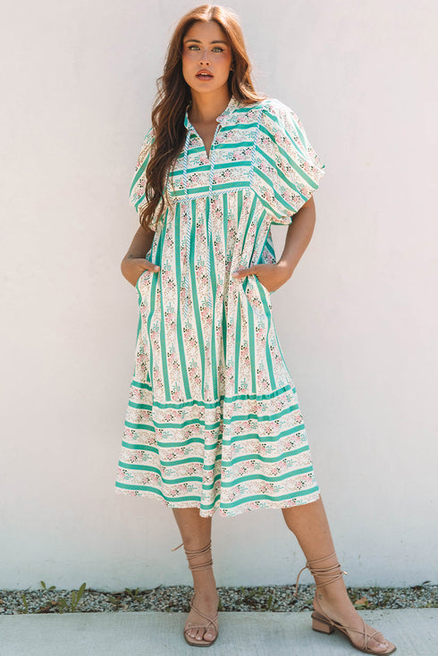 Striped Floral Print Tie Split Neck Puff Sleeve Midi Dress