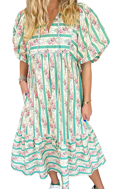 Striped Floral Print Tie Split Neck Puff Sleeve Midi Dress