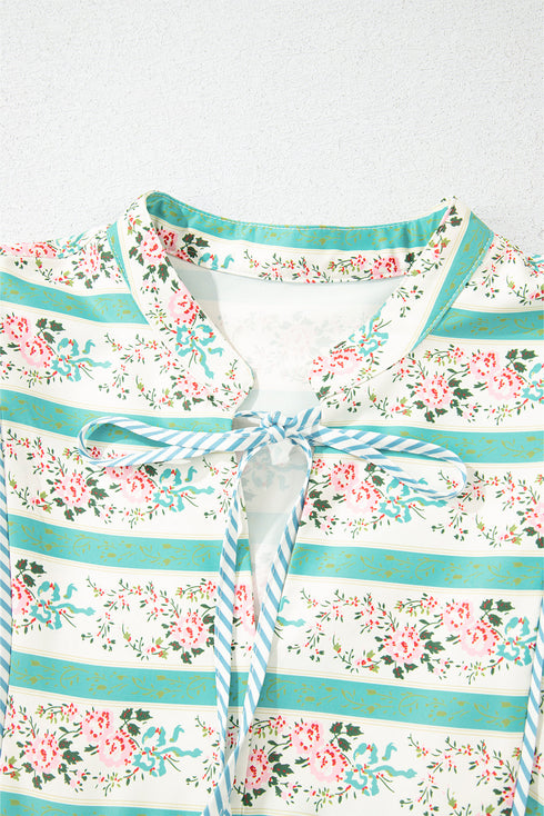 Striped Floral Print Tie Split Neck Puff Sleeve Midi Dress