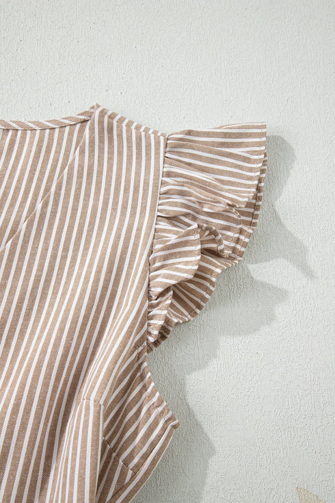 Striped Flutter Sleeve Button Front Slit A Line Maxi Dress