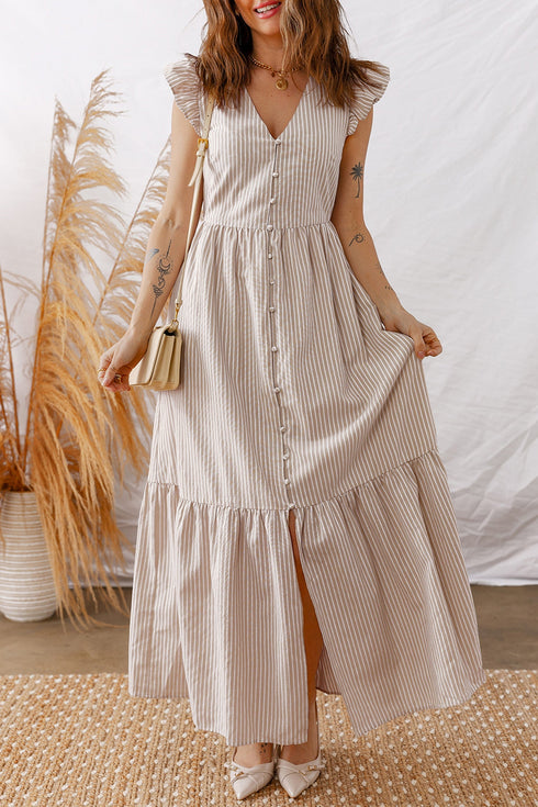 Striped Flutter Sleeve Button Front Slit A Line Maxi Dress