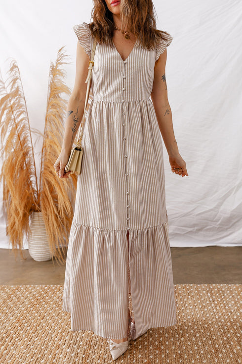 Striped Flutter Sleeve Button Front Slit A Line Maxi Dress