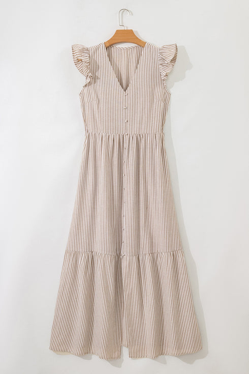 Striped Flutter Sleeve Button Front Slit A Line Maxi Dress