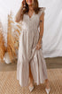Striped Flutter Sleeve Button Front Slit A Line Maxi Dress