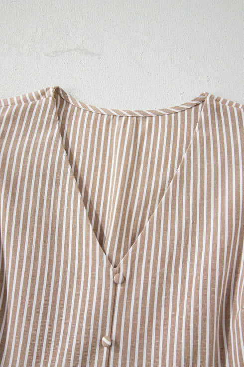 Striped Flutter Sleeve Button Front Slit A Line Maxi Dress