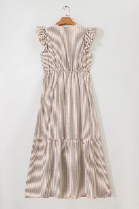 Striped Flutter Sleeve Button Front Slit A Line Maxi Dress