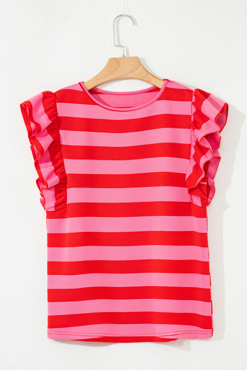 Striped Flutter Sleeve Round Neck Jersey Knit Top