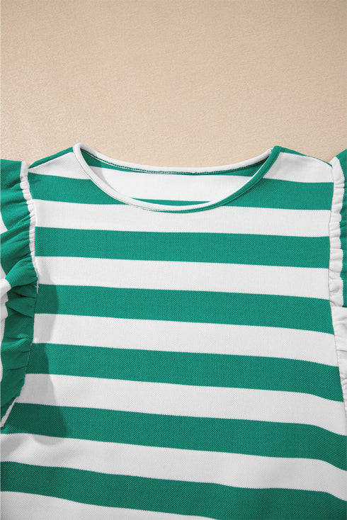 Striped Flutter Sleeve Round Neck Jersey Knit Top