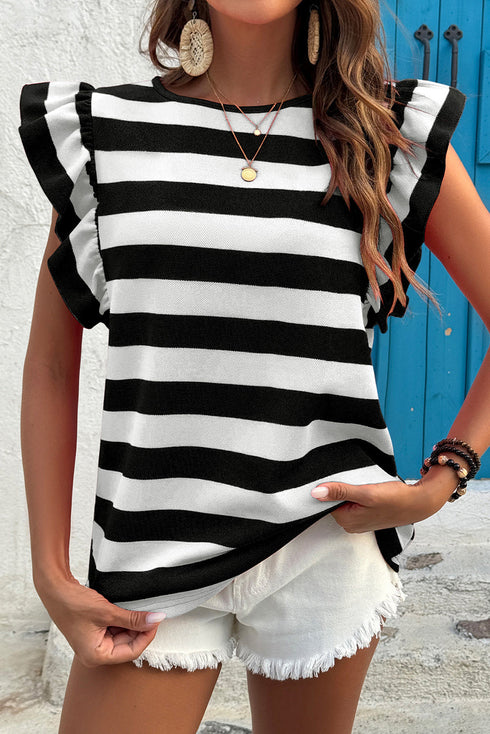 Striped Flutter Sleeve Round Neck Jersey Knit Top