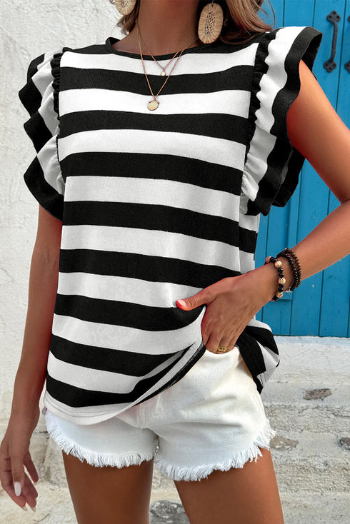 Striped Flutter Sleeve Round Neck Jersey Knit Top