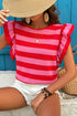 Striped Flutter Sleeve Round Neck Jersey Knit Top