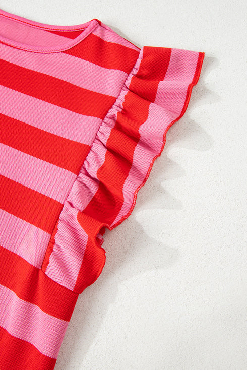 Striped Flutter Sleeve Round Neck Jersey Knit Top