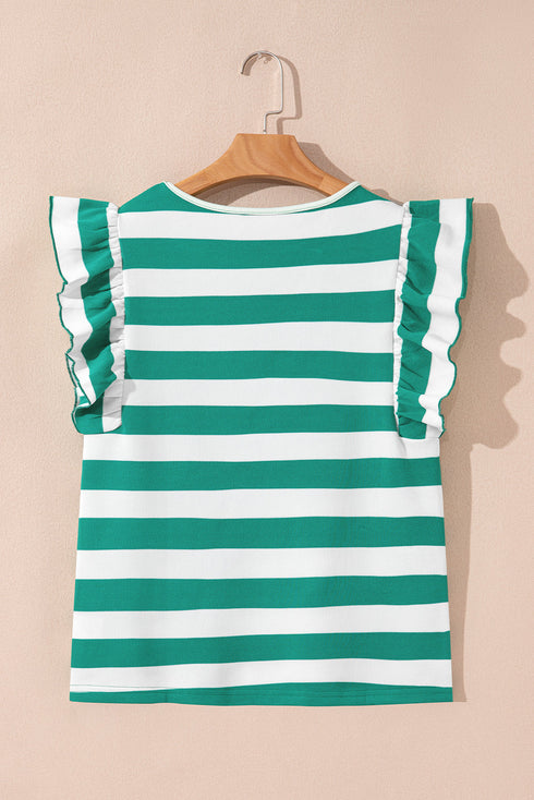 Striped Flutter Sleeve Round Neck Jersey Knit Top