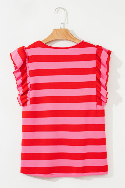 Striped Flutter Sleeve Round Neck Jersey Knit Top