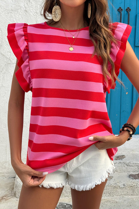 Striped Flutter Sleeve Round Neck Jersey Knit Top
