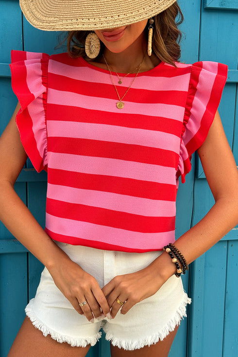 Striped Flutter Sleeve Round Neck Jersey Knit Top