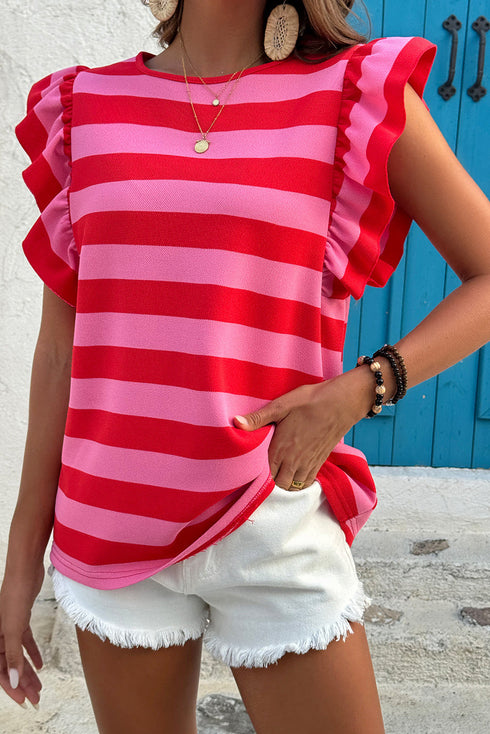 Striped Flutter Sleeve Round Neck Jersey Knit Top