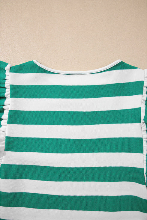 Striped Flutter Sleeve Round Neck Jersey Knit Top