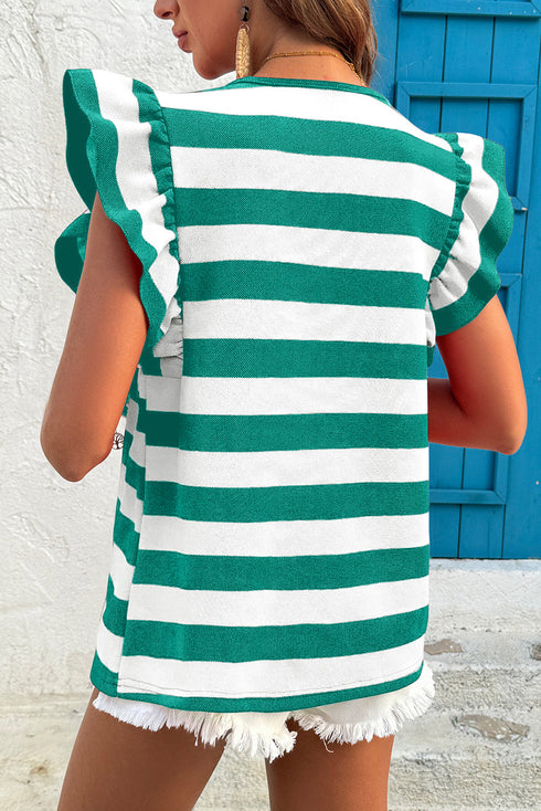 Striped Flutter Sleeve Round Neck Jersey Knit Top