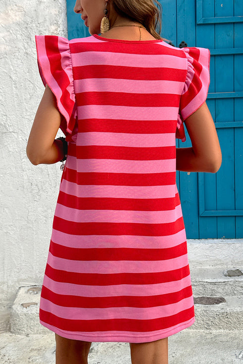 Striped Flutter Sleeve Round Neck Shift Mini Dress