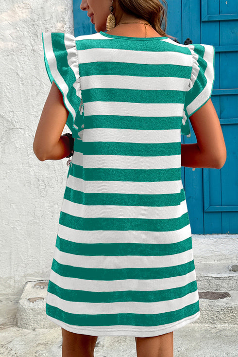 Striped Flutter Sleeve Round Neck Shift Mini Dress