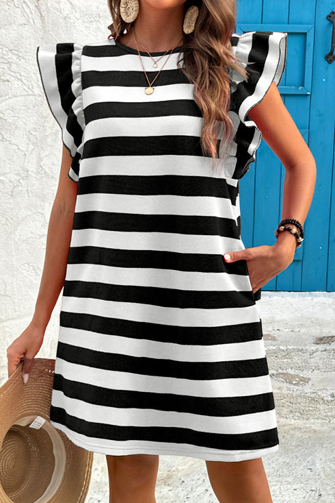 Striped Flutter Sleeve Round Neck Shift Mini Dress