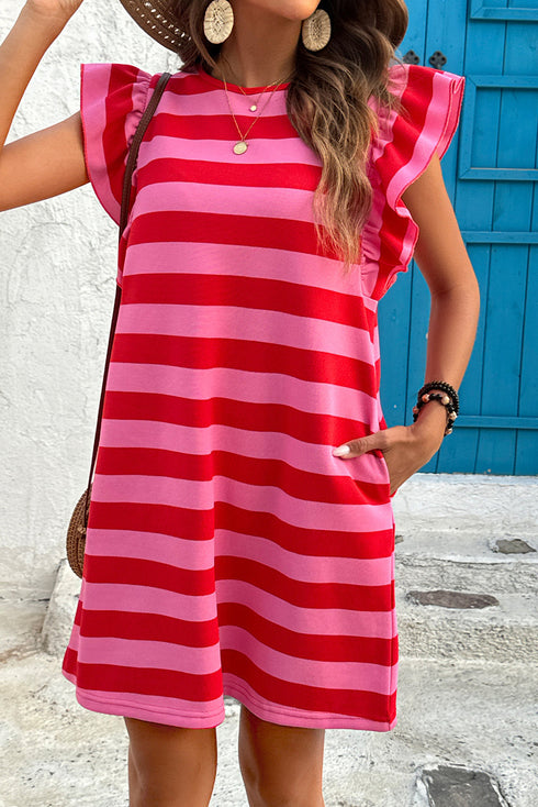 Striped Flutter Sleeve Round Neck Shift Mini Dress