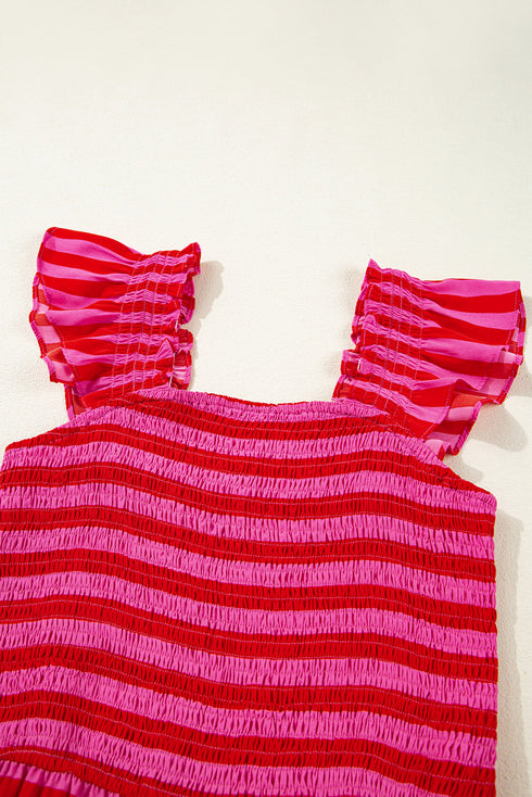 Striped Flutter Sleeve Smocked Bodice Tiered Maxi Dress