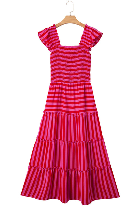 Striped Flutter Sleeve Smocked Bodice Tiered Maxi Dress