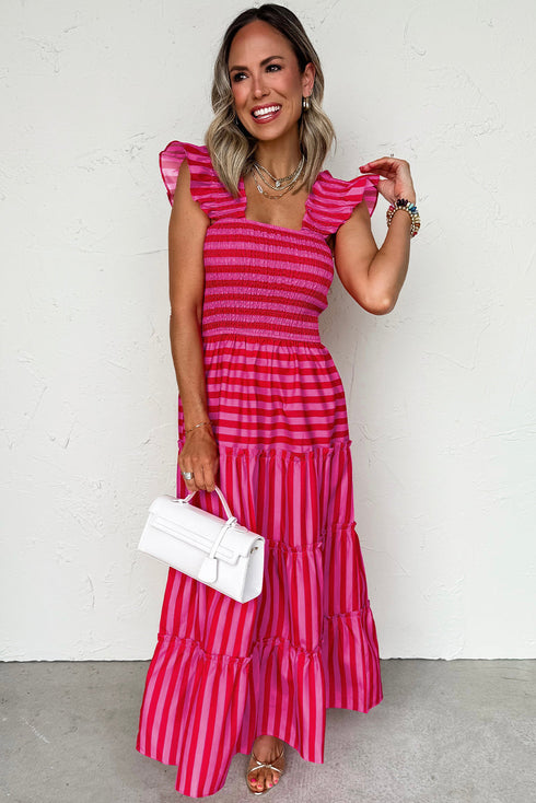 Striped Flutter Sleeve Smocked Bodice Tiered Maxi Dress