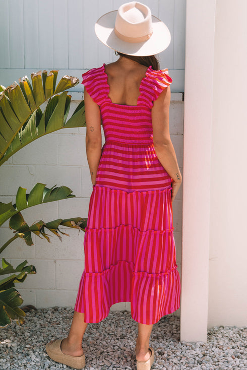 Striped Flutter Sleeve Smocked Bodice Tiered Maxi Dress