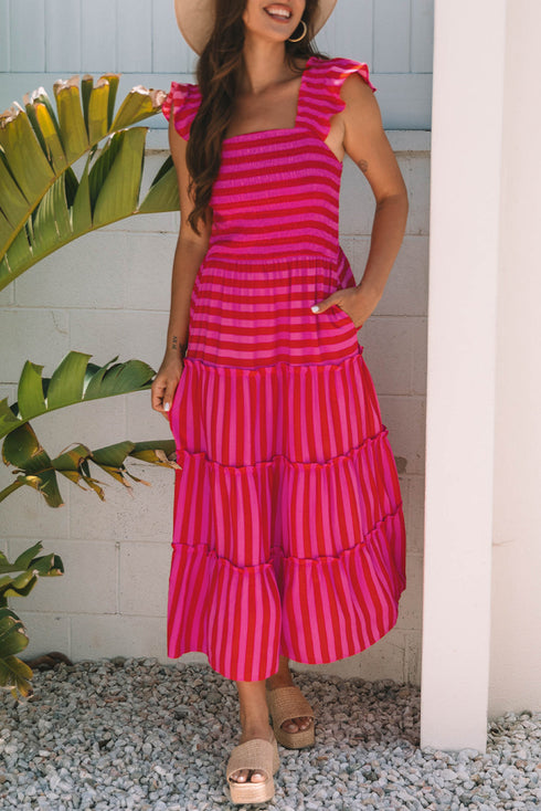 Striped Flutter Sleeve Smocked Bodice Tiered Maxi Dress
