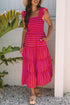 Striped Flutter Sleeve Smocked Bodice Tiered Maxi Dress