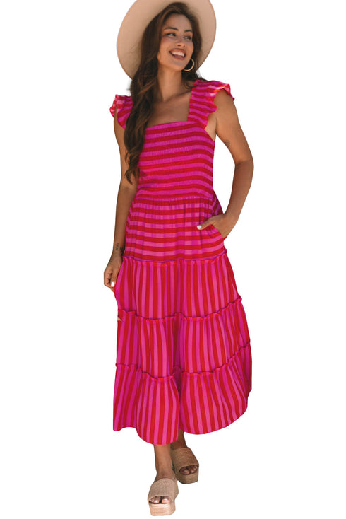 Striped Flutter Sleeve Smocked Bodice Tiered Maxi Dress