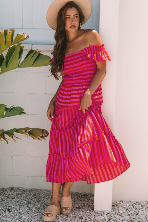 Striped Flutter Sleeve Smocked Bodice Tiered Maxi Dress