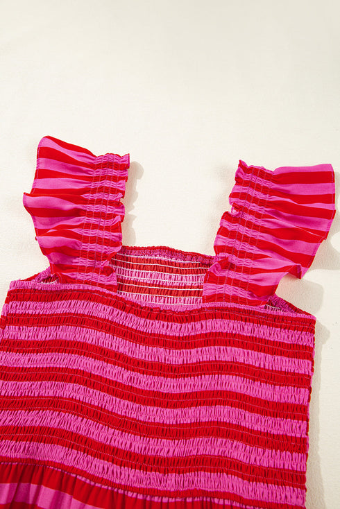 Striped Flutter Sleeve Smocked Bodice Tiered Maxi Dress
